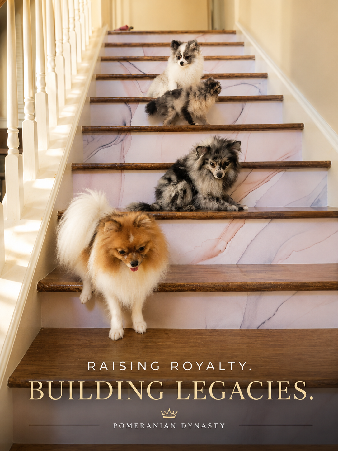 Three Pomeranian Dynasty dogs on marble staircase — championship-line Pomeranians raised by Pomeranian Dynasty